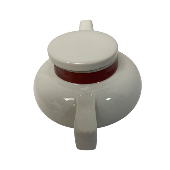 Toscony Vintage White Ceramic Teapot With Red Accent Band 4" x 8.5" - Picture 2 of 6
